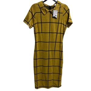 PIPHANY Mustard Yellow Black Grid Collared Short Sleeve Sheath Dress NWT Small